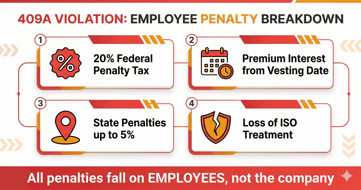 Visual breakdown of 409A penalty consequences: 20% federal penalty tax, premium interest from vesting date, state penalties up to 5%, and loss of ISO treatment — all falling on employees