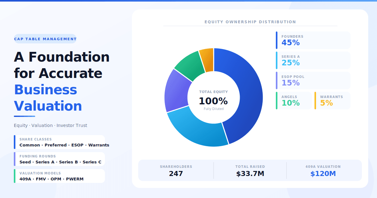 Cap table management overview showing ownership structure, securities, and equity tracking